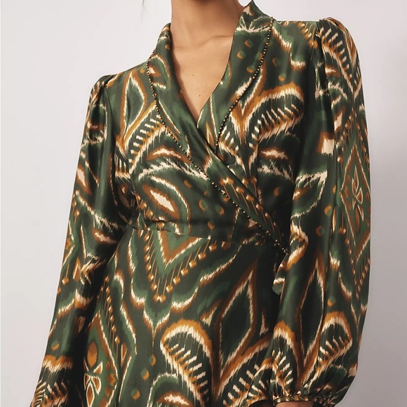 Farm Rio green Ikat print long sleeve midi wrap dress - XS NWT - Picture 3 of 6
